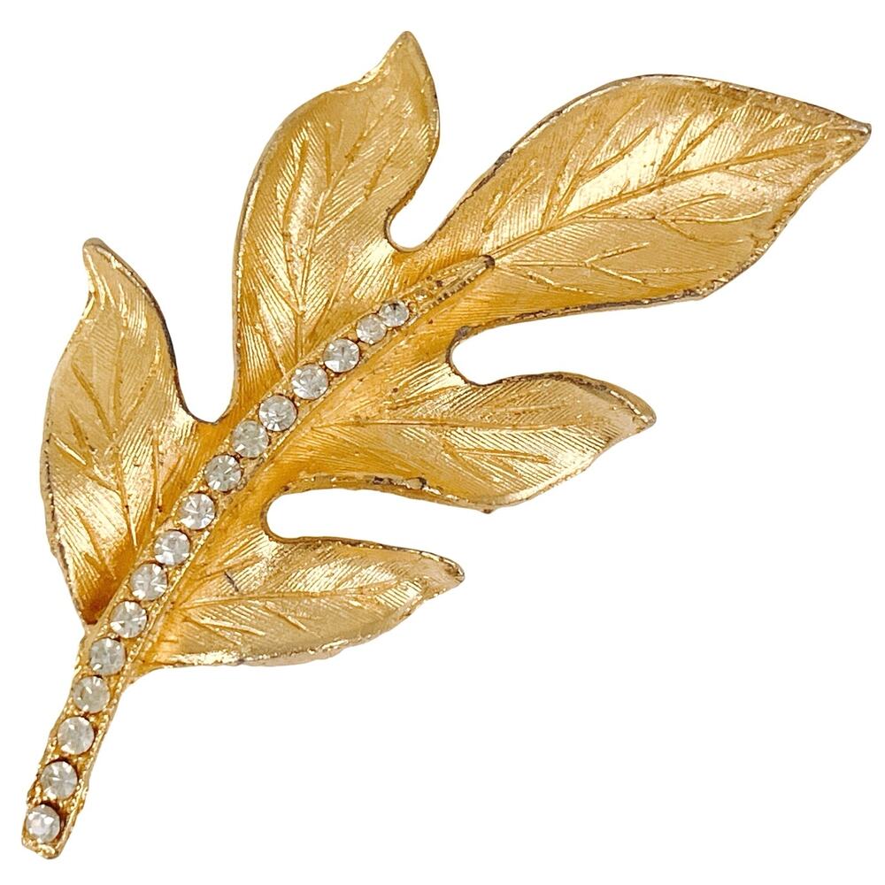 Vintage Gold Tone Leaf Rhinestone Stem Brooch Classic Mid Century Jewelry